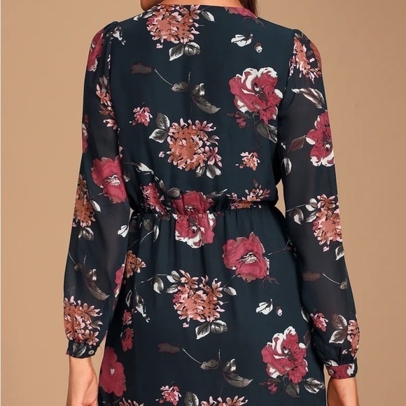 Lulus Pretty Pretender Navy Floral Print Long Sleeve Faux Wrap Dress Size Medium - Picture 4 of 17